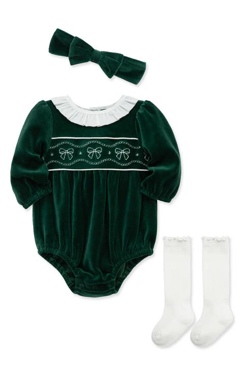 Bows Cotton Blend Velour Bubble Romper, Headband & Knee High Socks Set (Baby)