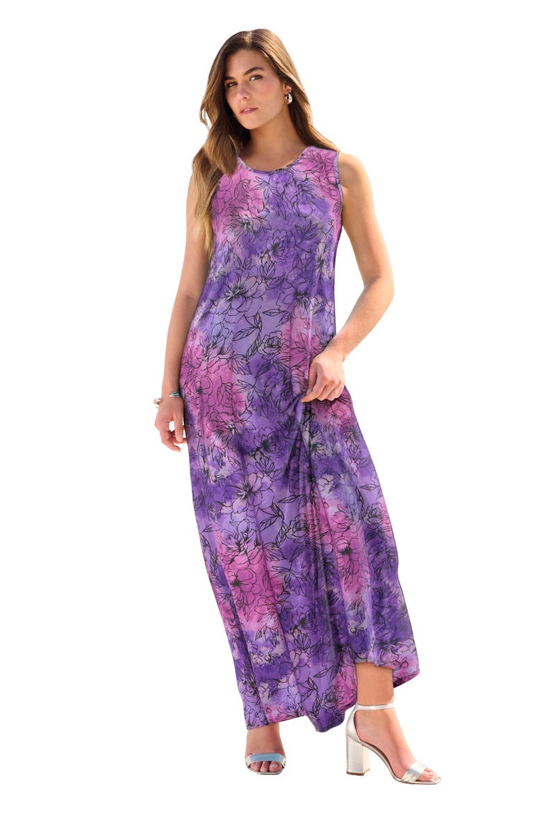Plus Size Sleeveless Crew Neck Maxi Dress, Main, color, LAVENDER TIE DYE FLORAL
