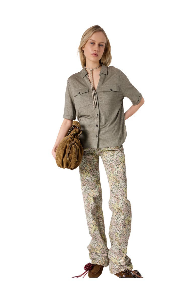 Moana Open Collar Linen Shirt, Alternate, color, Medium Khaki