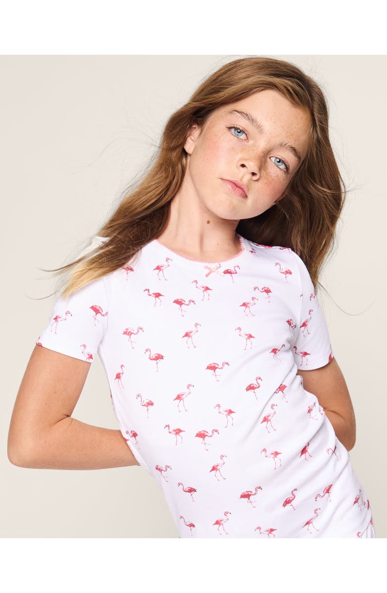 Petite Plume Kids' Flamingo Print Cotton Fitted Two-Piece Short Pajamas, Alternate, color, White