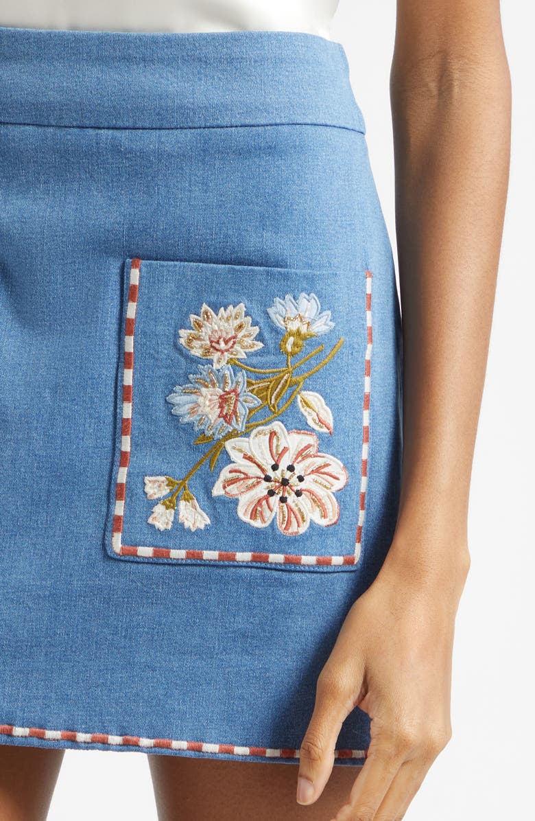 Veronica Beard Pallas Embroidered Pocket Detail Stretch Cotton Skirt, Alternate, color, Sea Glare
