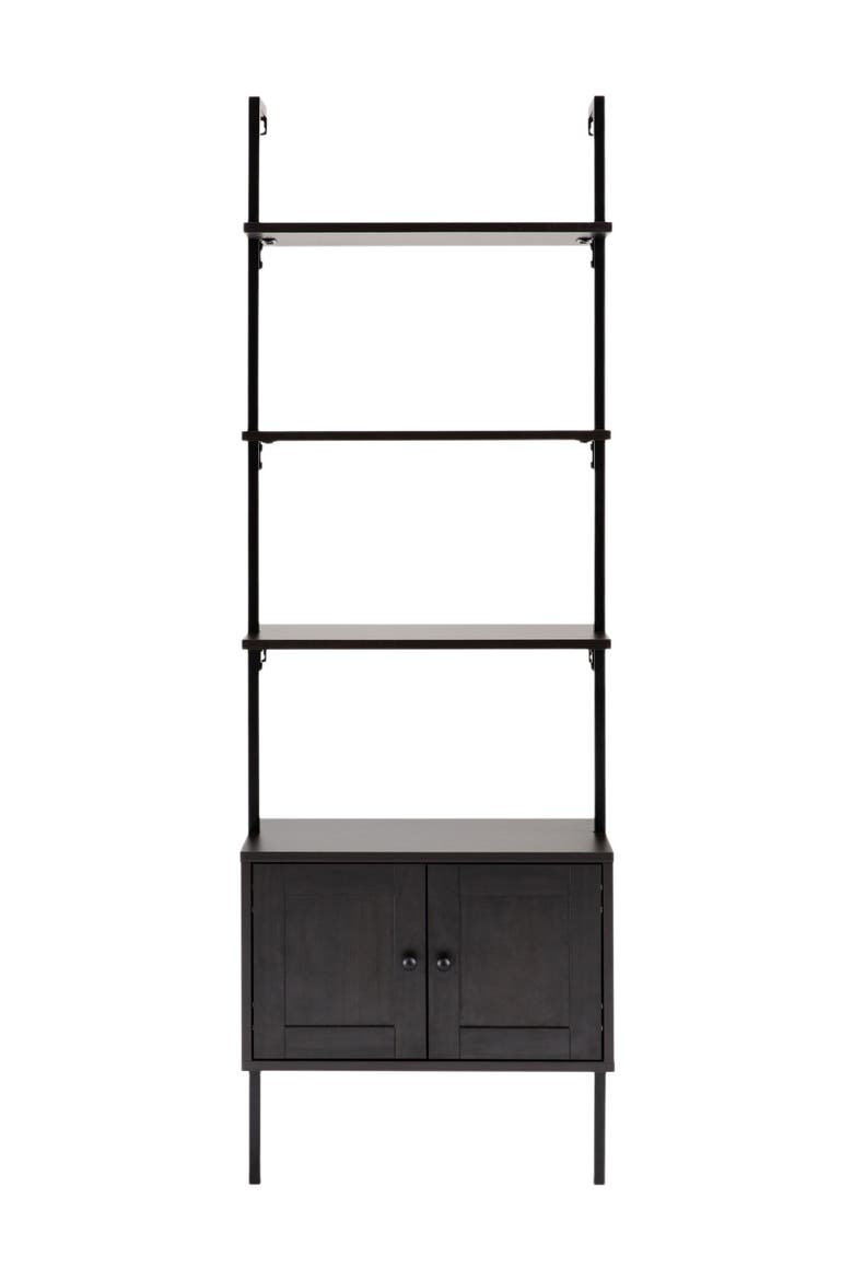 Tulare MidCentury Industrial 4-Shelf Wood Wall-Mounted Open Ladder Bookcase with Cabinet and Metal Frame, Alternate, color, Black