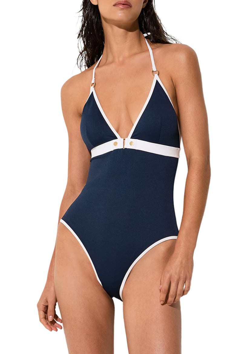 Gigi Halter One-Piece Swimsuit, Main, color, NAVY/ IVORY