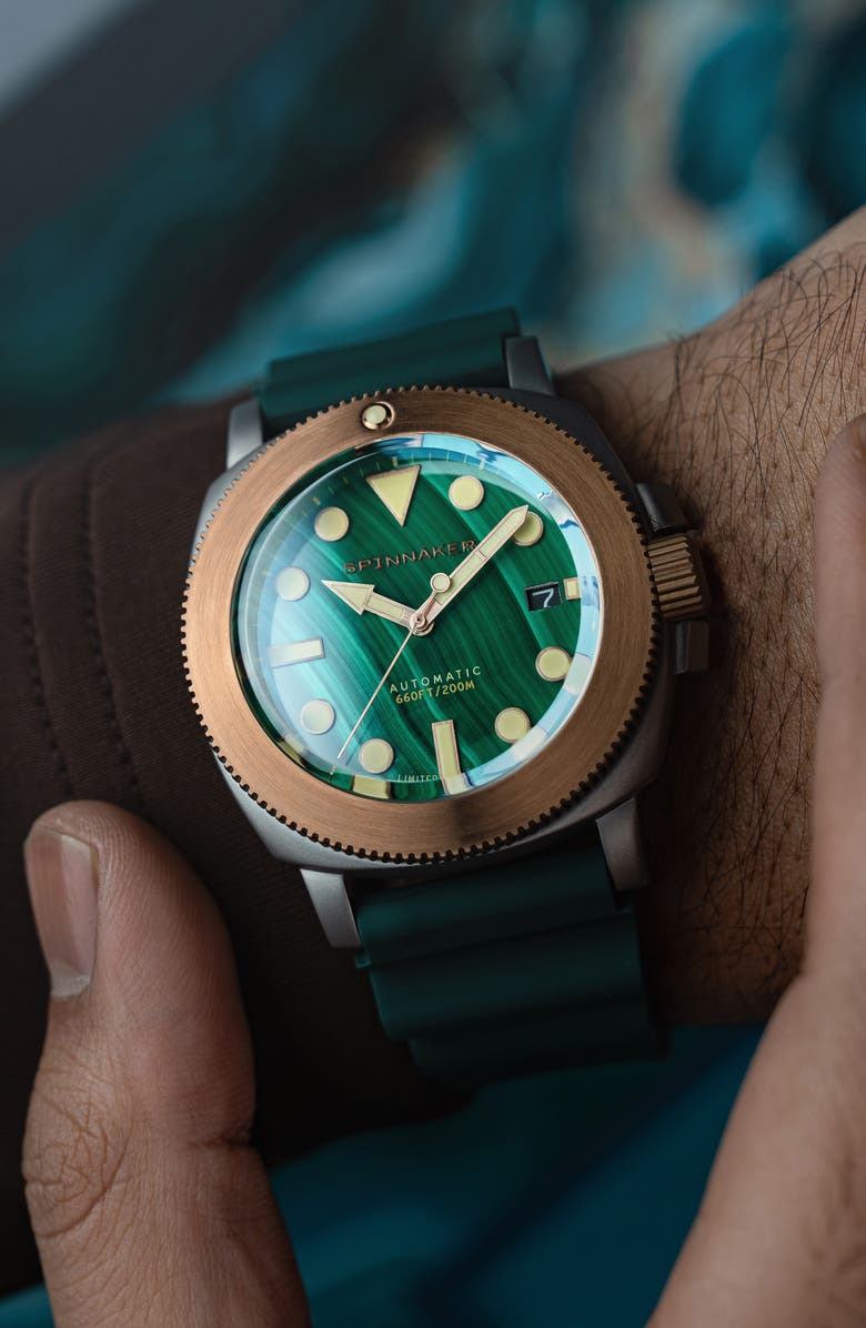 SPINNAKER Hull Titanium Bronze Automatic Lapidary Malachite Silicone Strap Watch, 42mm, Alternate, color, 