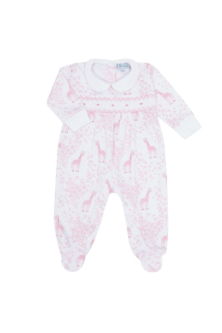 Pink Giraffe Print Smocked Footie - Baby, Main, color, Pink