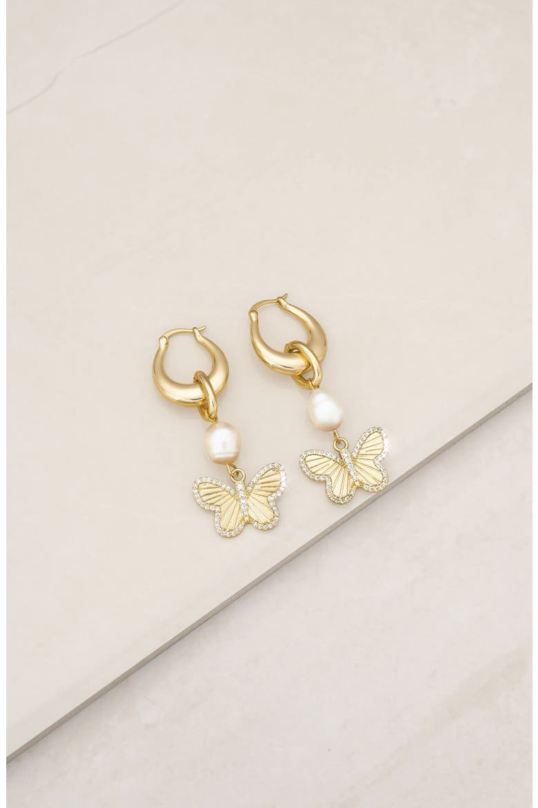 Butterfly & Imitation Pearl Drop Earrings, Alternate, color, GOLD