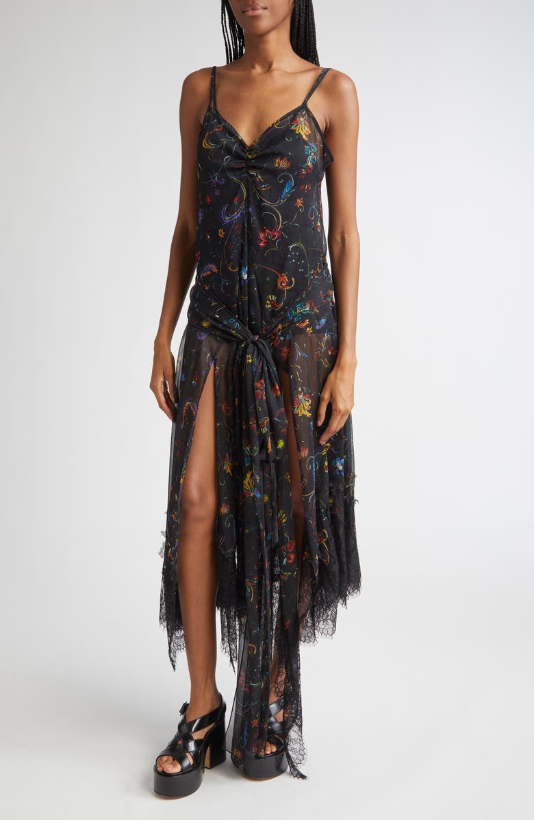 Siedrés Claudia Floral Print Lace Trim Chiffon Dress, Alternate, color, Black Multi