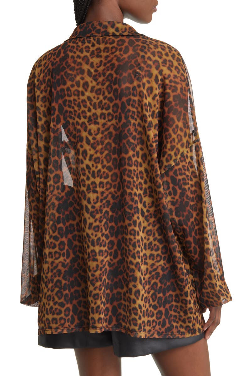 ASOS DESIGN Curve Leopard Print Mesh Button-Up Shirt, Alternate, color, 