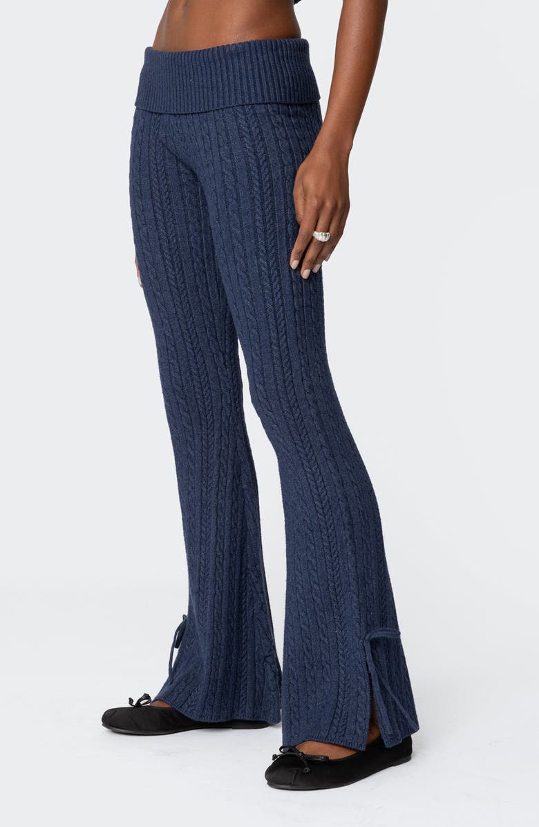 EDIKTED Chase Foldover Bow Trim Cable Knit Pants, Alternate, color, Navy