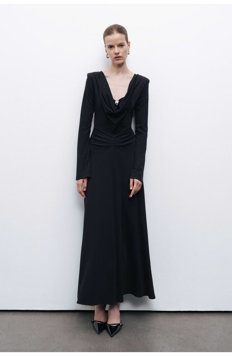 Nocturne Black Draped Maxi Dress with Jewel Detail, Main, color, 