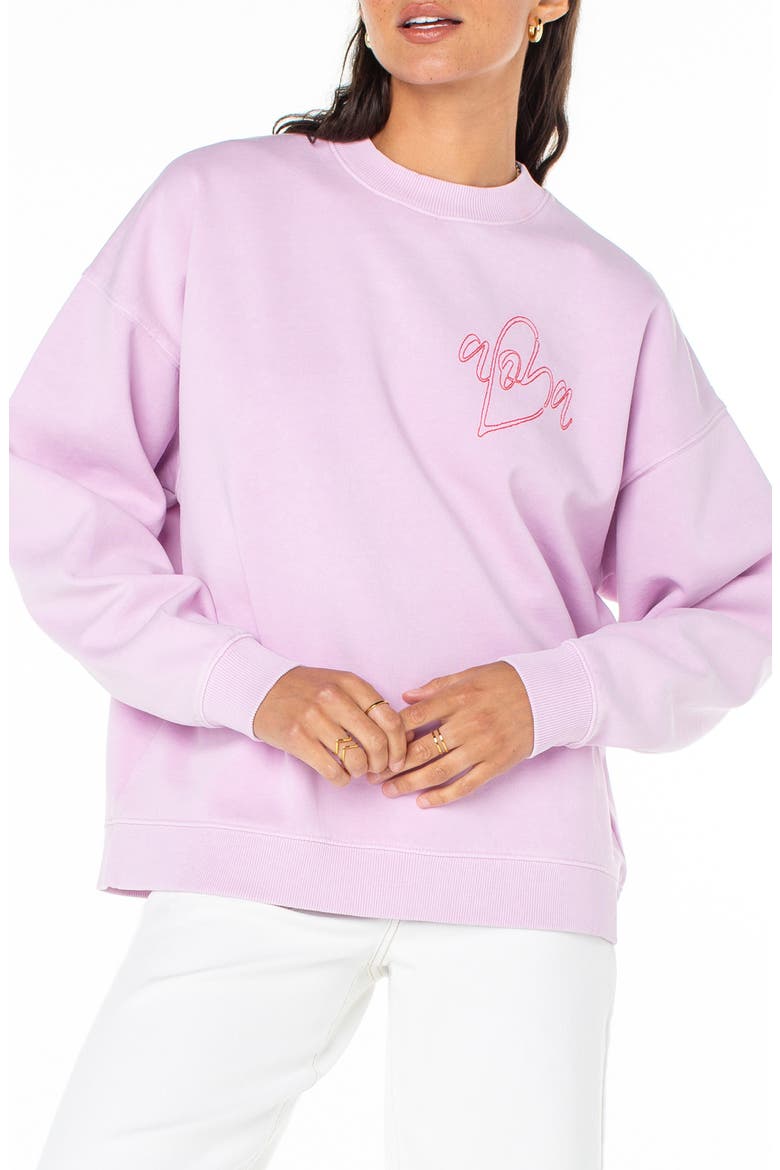 Line-Up Embroidered Heart Oversize Graphic Sweatshirt, Main, color, ORCHID BOUQUET SOLID