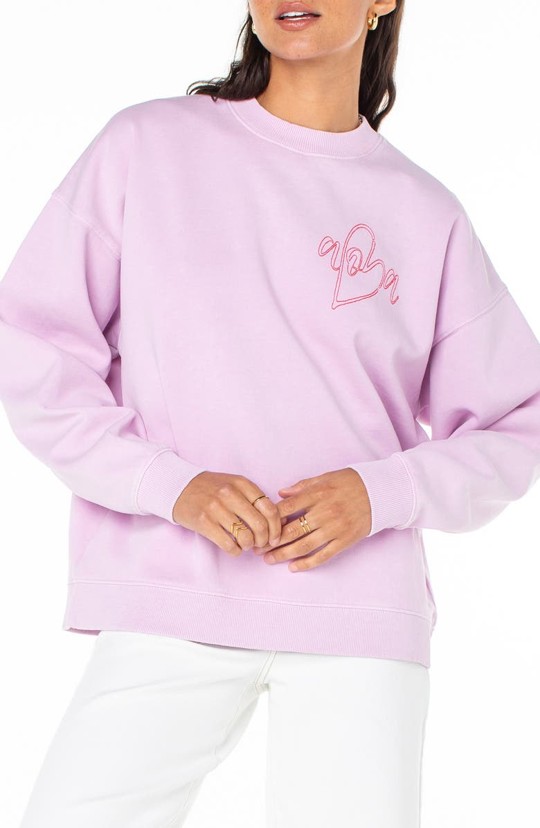 Roxy Line-Up Embroidered Heart Oversize Graphic Sweatshirt, Main, color, Orchid Bouquet Solid