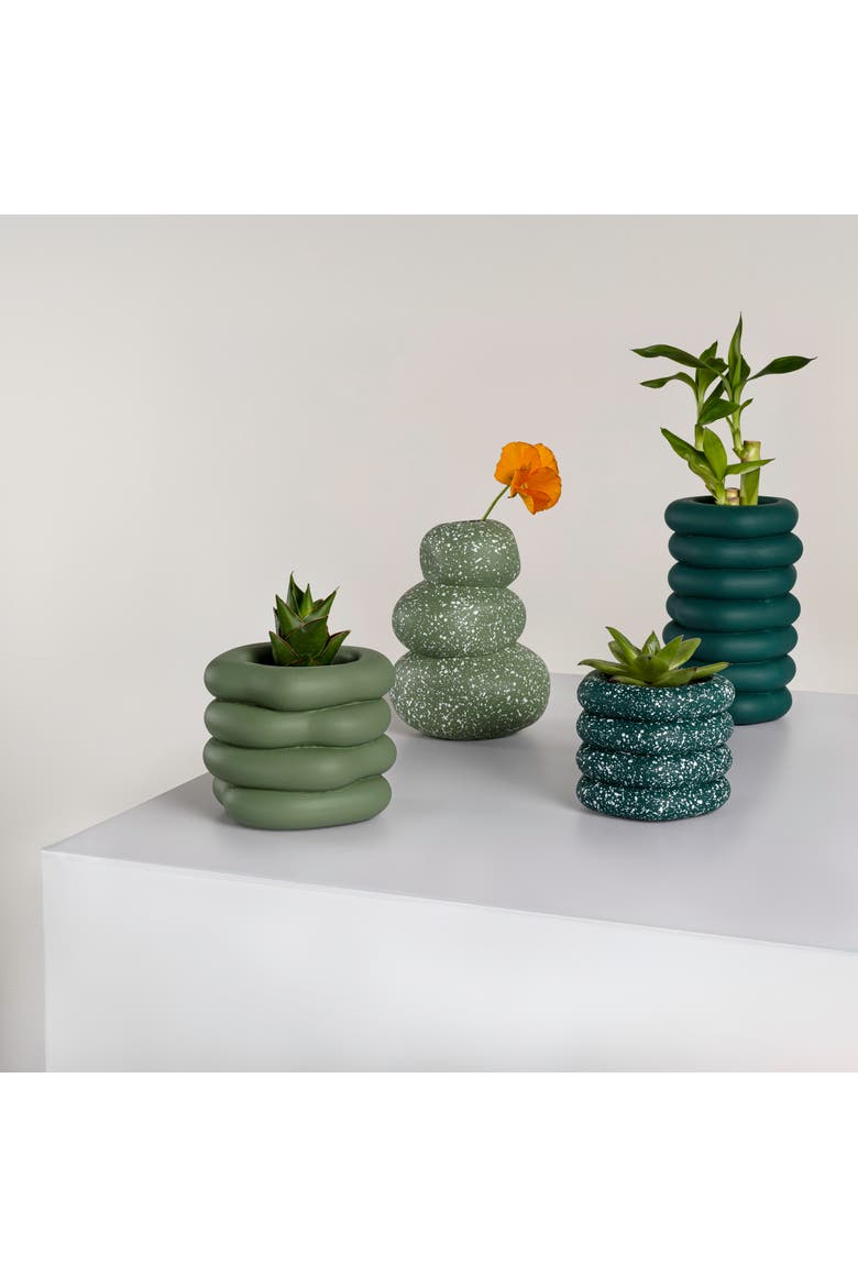 Hollis Modern Minimalist Handmade Concrete Stacked Ring Planter Set with Drainage Holes, Alternate, color, Teal
