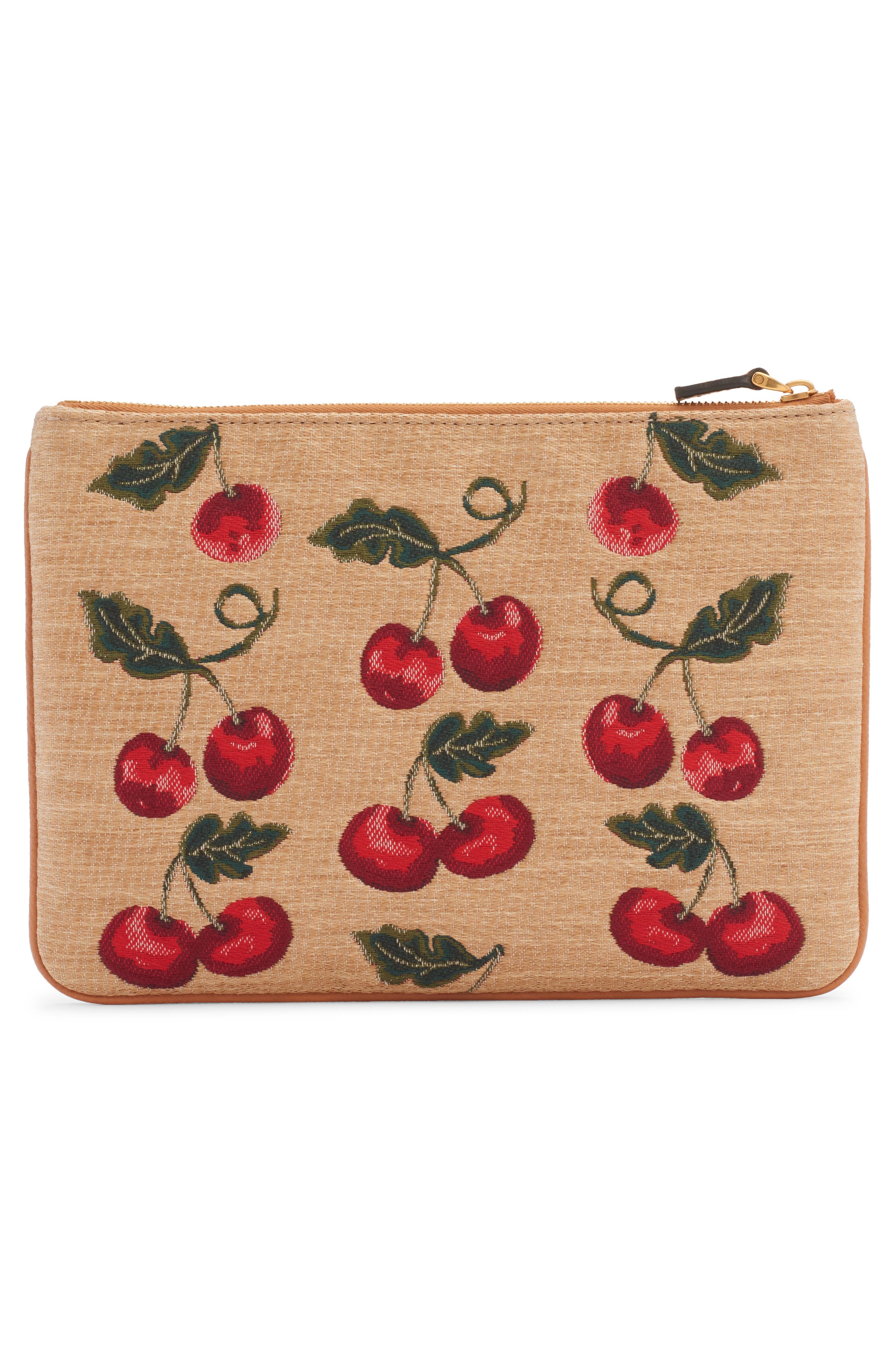 Valentino Garavani Medium VLOGO Cherry Jacquard Raffia Clutch, Alternate, color, R9f Natural/ Multi/ Camel