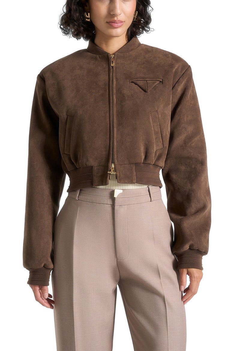 Monique Suede Wide Shoulder Bomber Jacket, Main, color, Brown