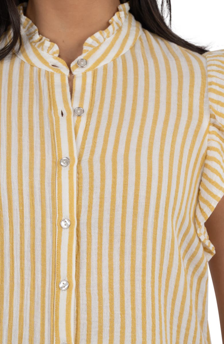 KUT from the Kloth Katara Stripe Sleeveless Ruffle Cotton Button-Up Shirt, Alternate, color, Yellow/ White