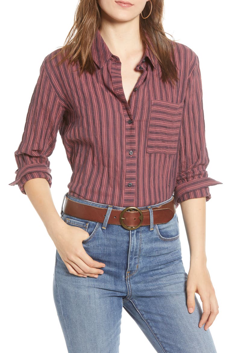 Dobby Stripe Boyfriend Shirt, Main, color, BURGUNDY BIRDY STRIPE