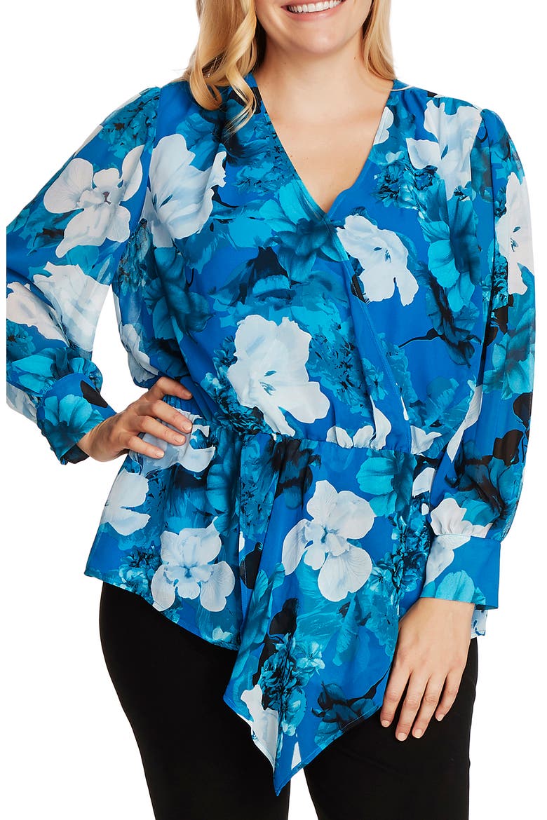Floral Cinch Waist Asymmetrical Hem Chiffon Blouse, Main, color, LAGOON