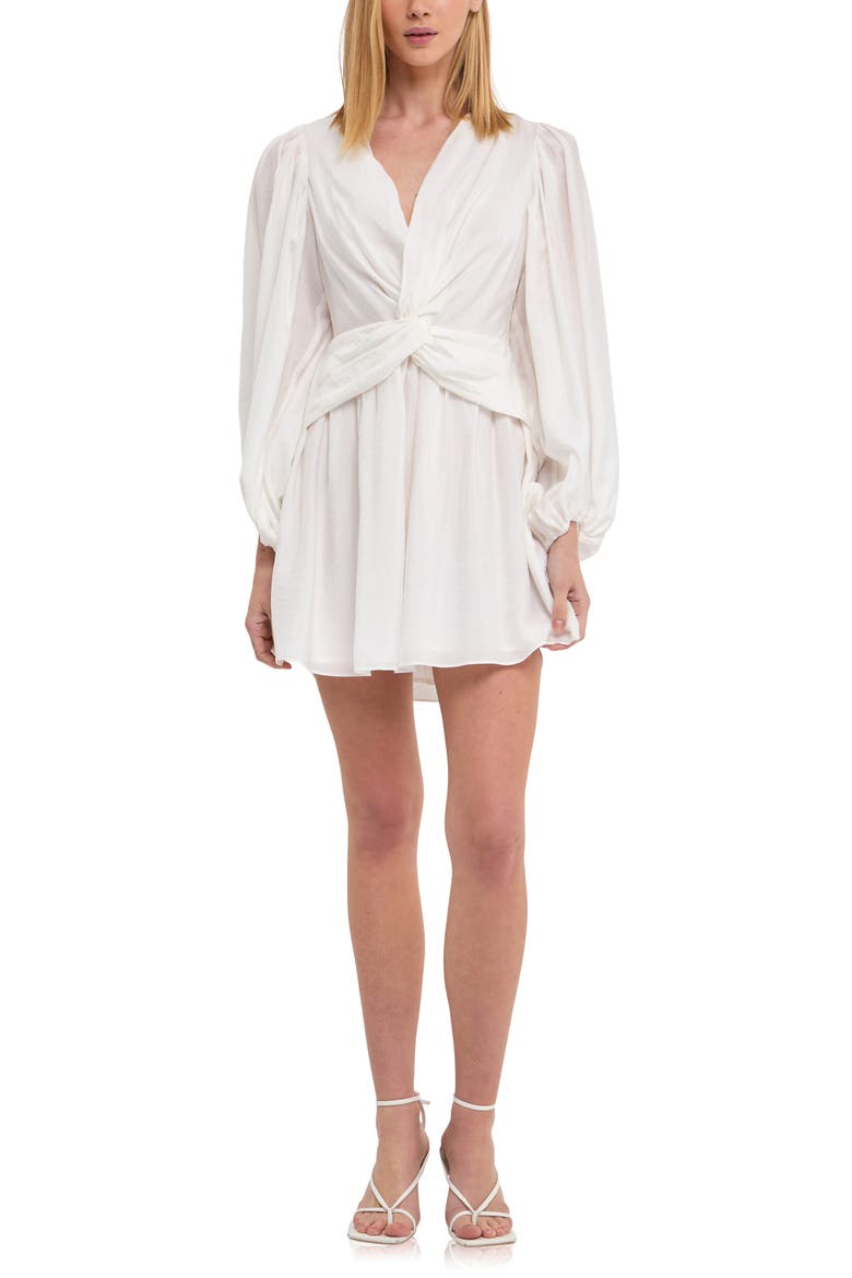 Twist Front Drape Long Sleeve Minidress, Main, color, WHITE