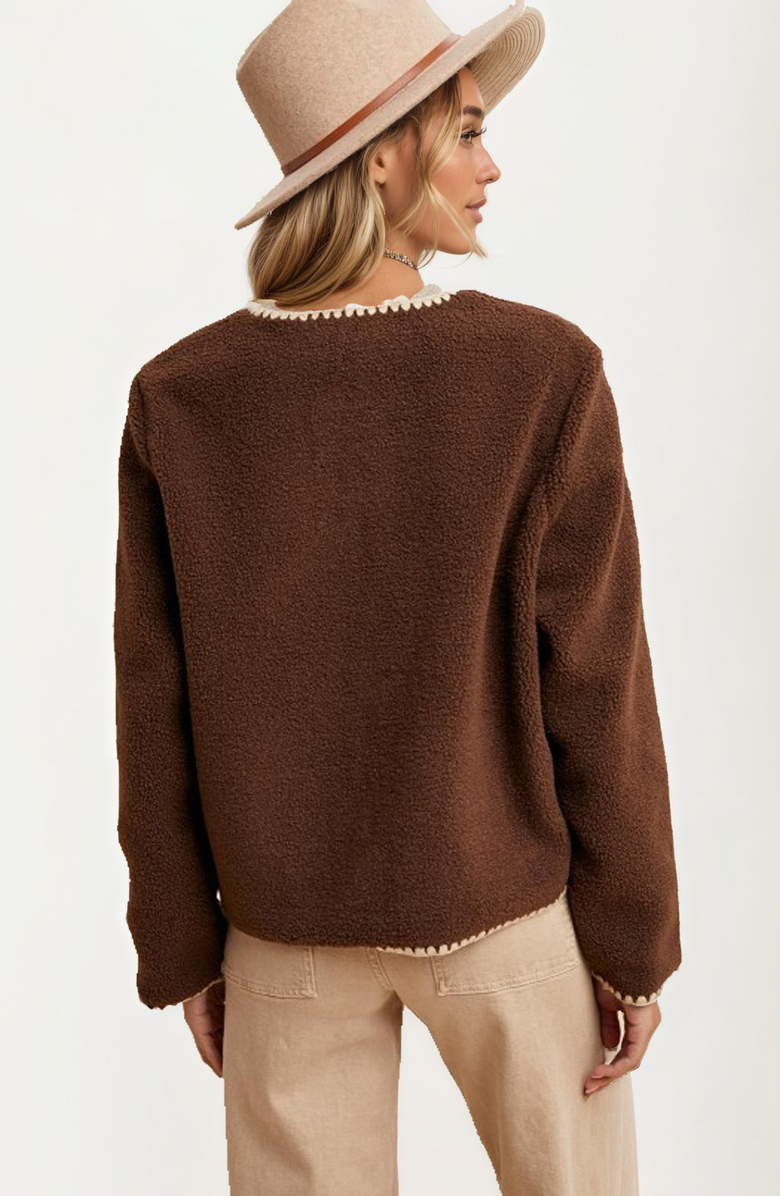 Knit and Lounge Button Front Contrast Trim Fleece Jacket, Alternate, color, Brown