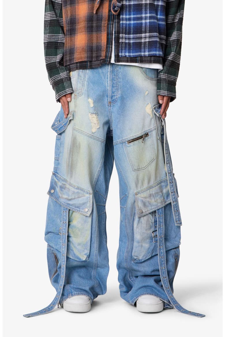 Belt Accent Rave Denim Ultra Baggy Wide Leg Jeans, Main, color, WASHED BLUE