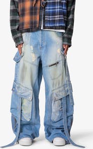mnml Belt Accent Rave Denim Ultra Baggy Wide Leg Jeans