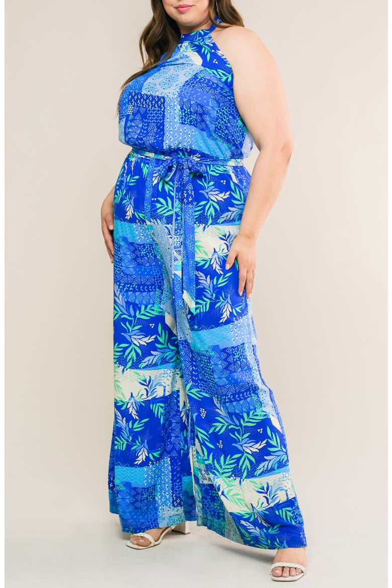 Halter Woven Jumpsuit, Alternate, color, BLUE COMBO