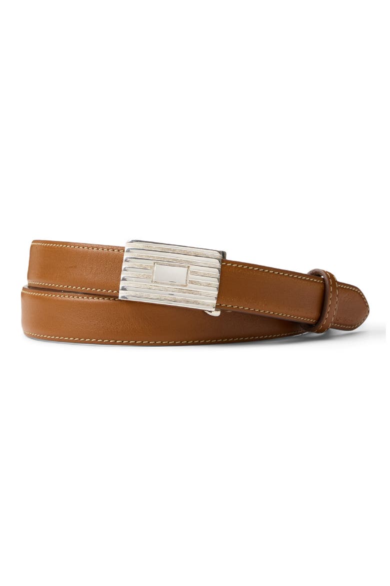 Sterling Silver Buckle Calfskin Belt, Main, color, RL BROWN