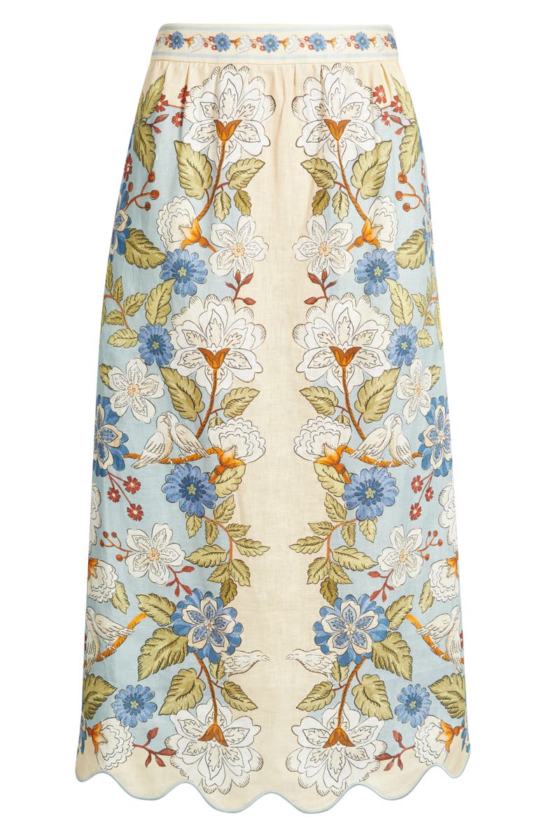 FARM Rio Garden Scarf Print Linen Midi Skirt, Alternate, color, Garden Scarf Blue