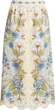 FARM Rio Garden Scarf Print Linen Midi Skirt