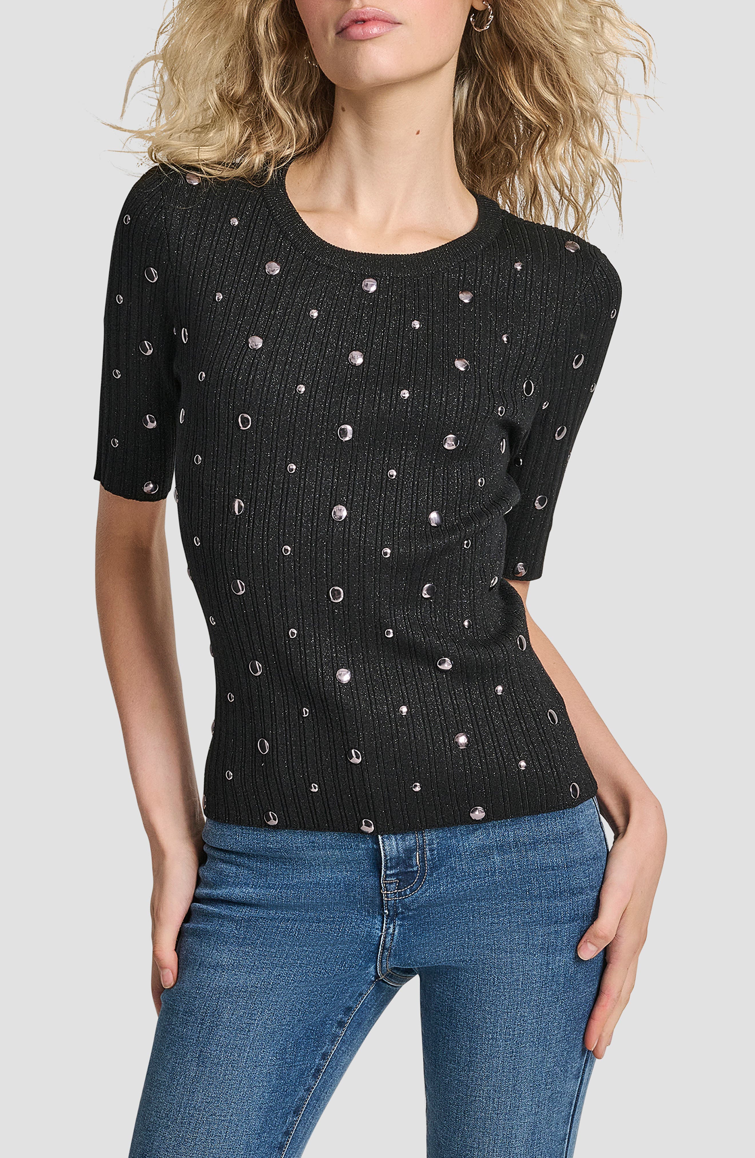 DKNY Studded Metallic Rib Short Sleeve Sweater
