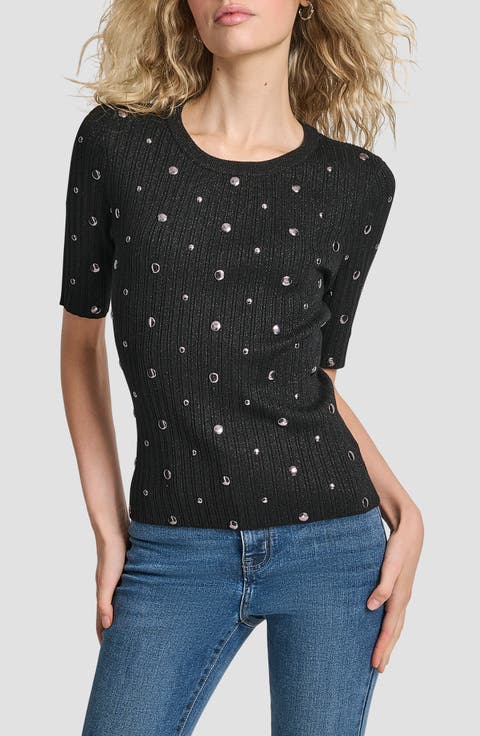 Studded Metallic Rib Short Sleeve Sweater