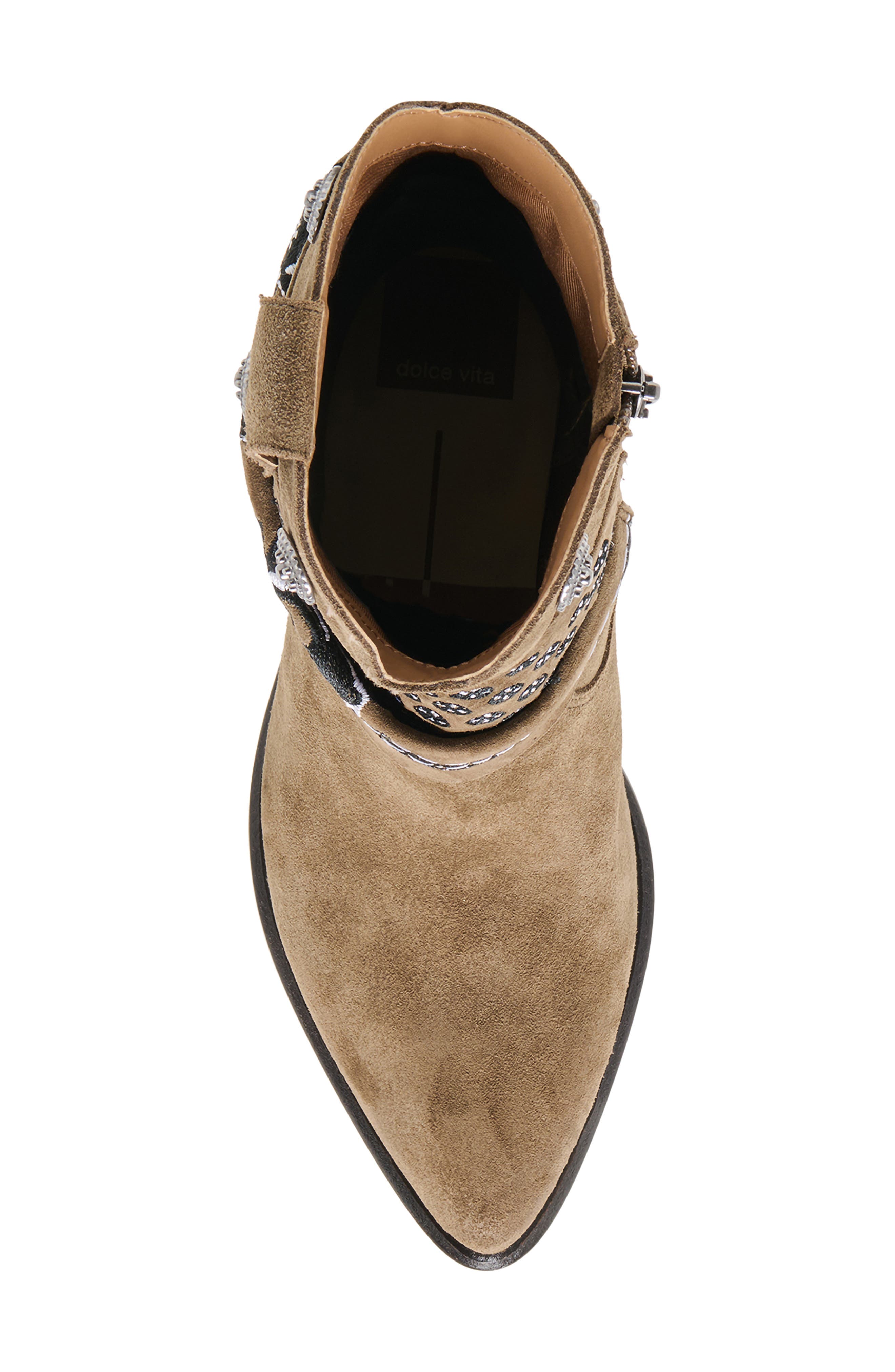Mekala Embroidered Bootie, Alternate, color, OLIVE SUEDE