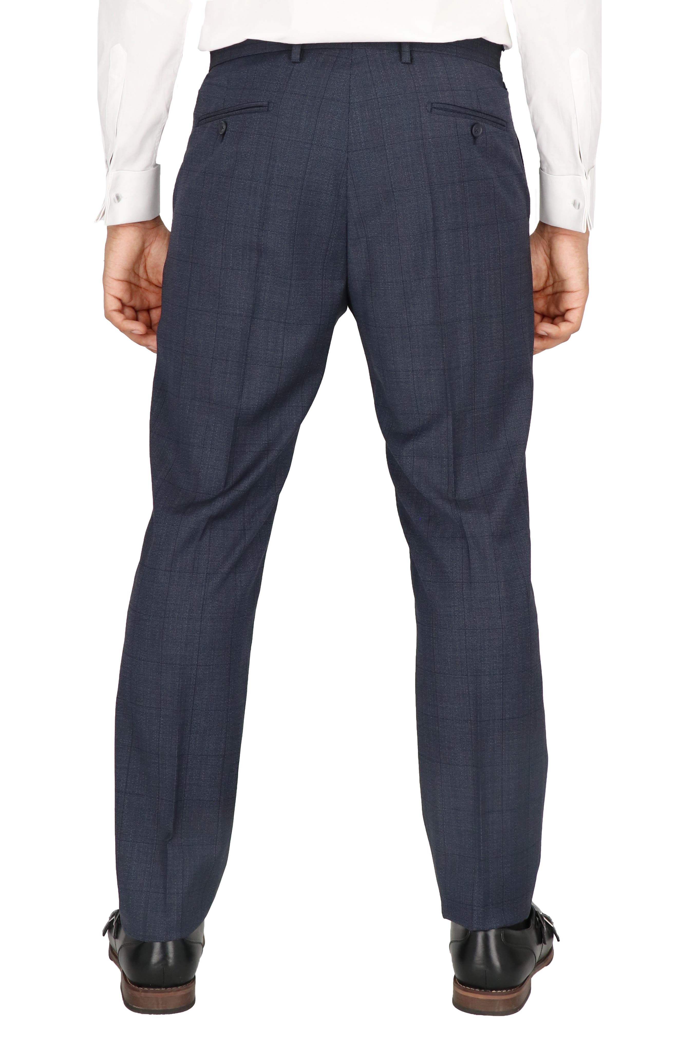 Navy Windowpane Check Flat Front Stretch Wool Dress Pants - image 2