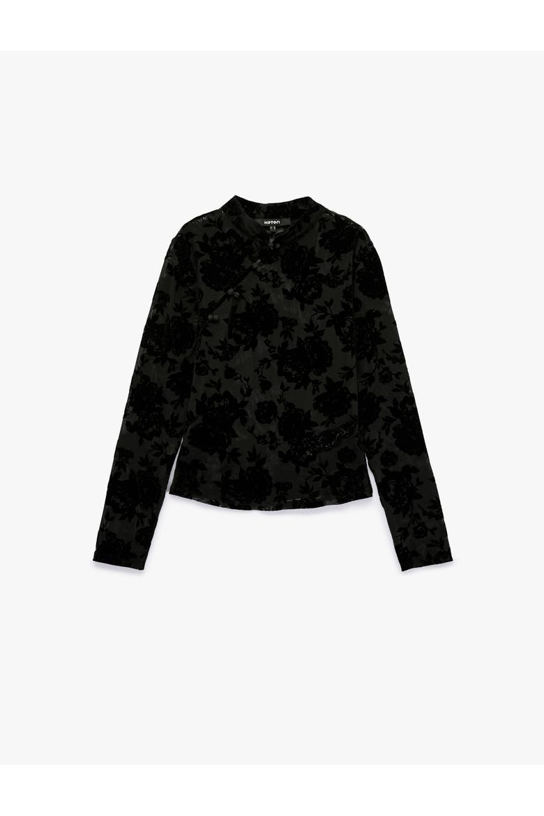 Long Sleeve High Qipao Neck Floral Mesh Top, Alternate, color, BLACK DESIGN