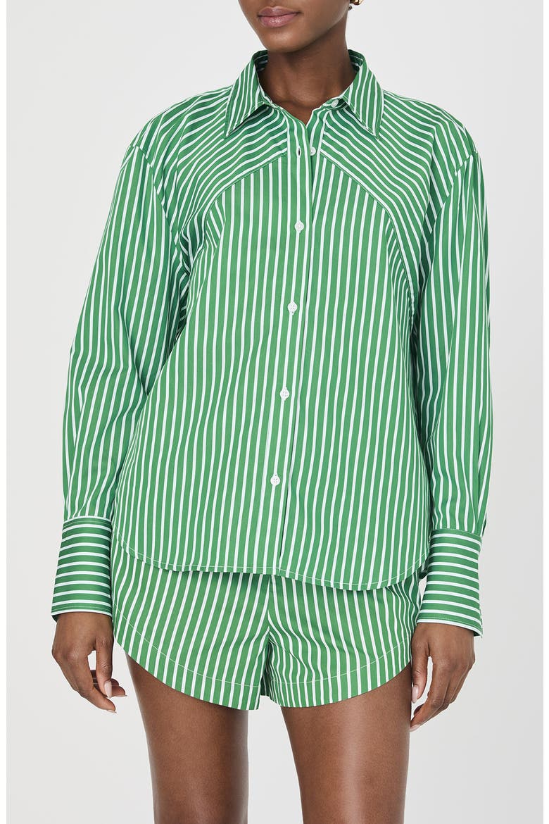 Alexis Stripe Oversize Crossover Cotton Button-Up Shirt, Main, color, GREEN SUMMER WHITE