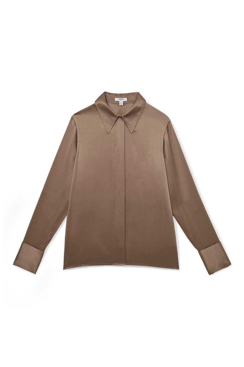 Ameira Silk Satin Button-Up Shirt, Alternate, color, TAUPE BROWN