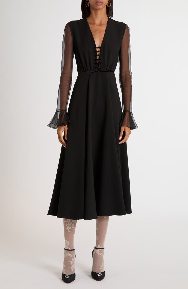 Valentino Garavani Bow Detail Long Sleeve Cady A-Line Dress, Main, color, Black