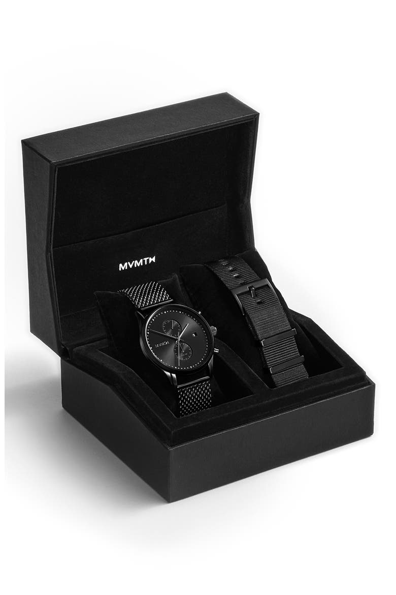MVMT Voyager Mesh Strap Watch & Leather Strap, 42mm, Main, color, BLACK