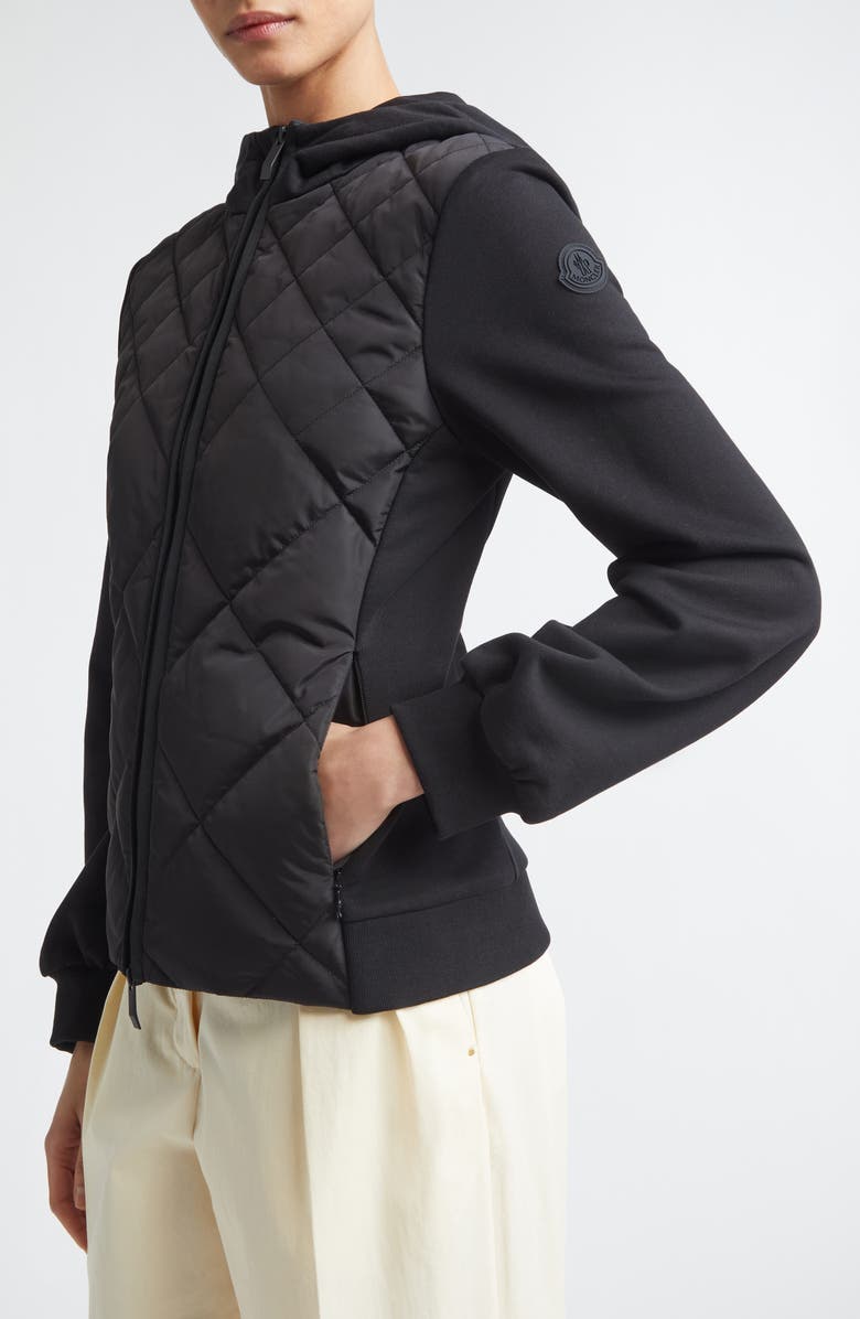 Moncler Mixed Media Hooded Zip Down Cardigan, Alternate, color, Black