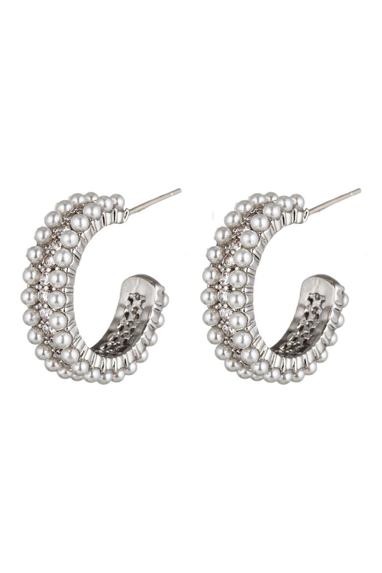 Shirin Faux Pearl Hoop Earrings, Main, color, SILVER