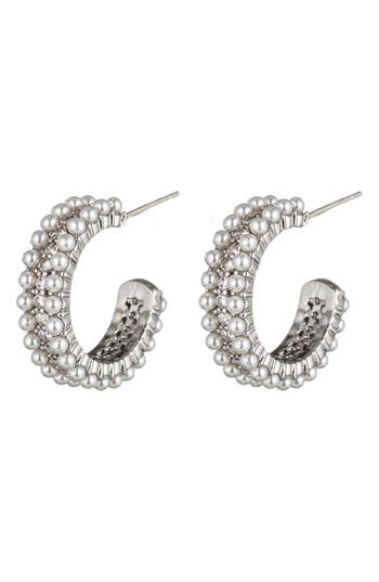Eye Candy Los Angeles Shirin Faux Pearl Hoop Earrings In Silver