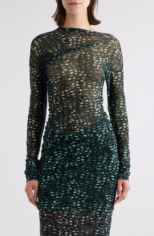 Dries Van Noten Hoan Print Ruched Mesh Top In Malachite