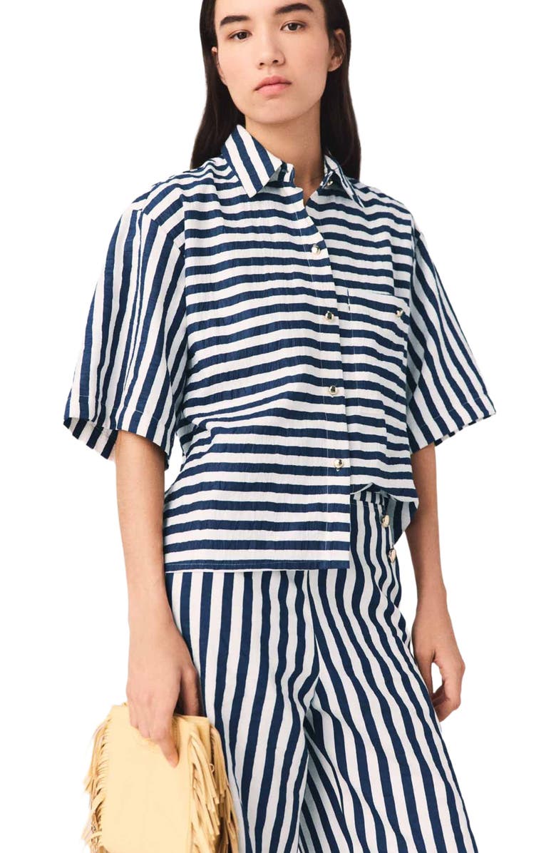 maje Cropped linen-blend shirt, Main, color, White/Blue