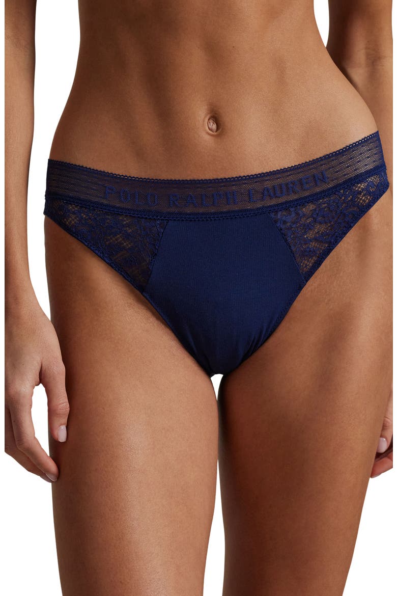 Lace & Stretch Cotton Rib Bikini, Main, color, NAVY