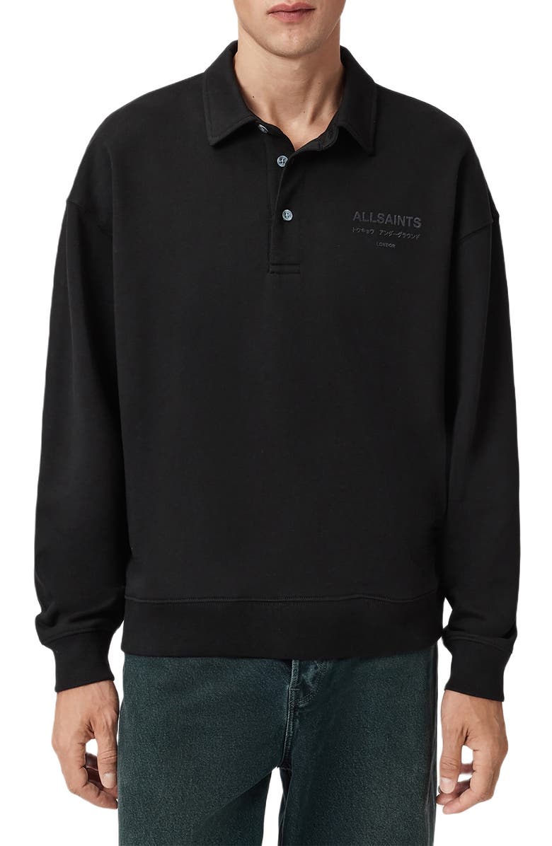 AllSaints Xander Logo Graphic Polo Sweatshirt, Main, color, Jet Black