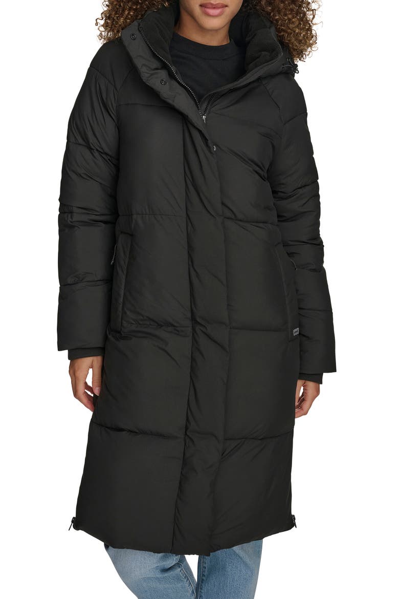 Water Resistant Mid Length Hooded Puffer Jacket, Alternate, color, BLACK