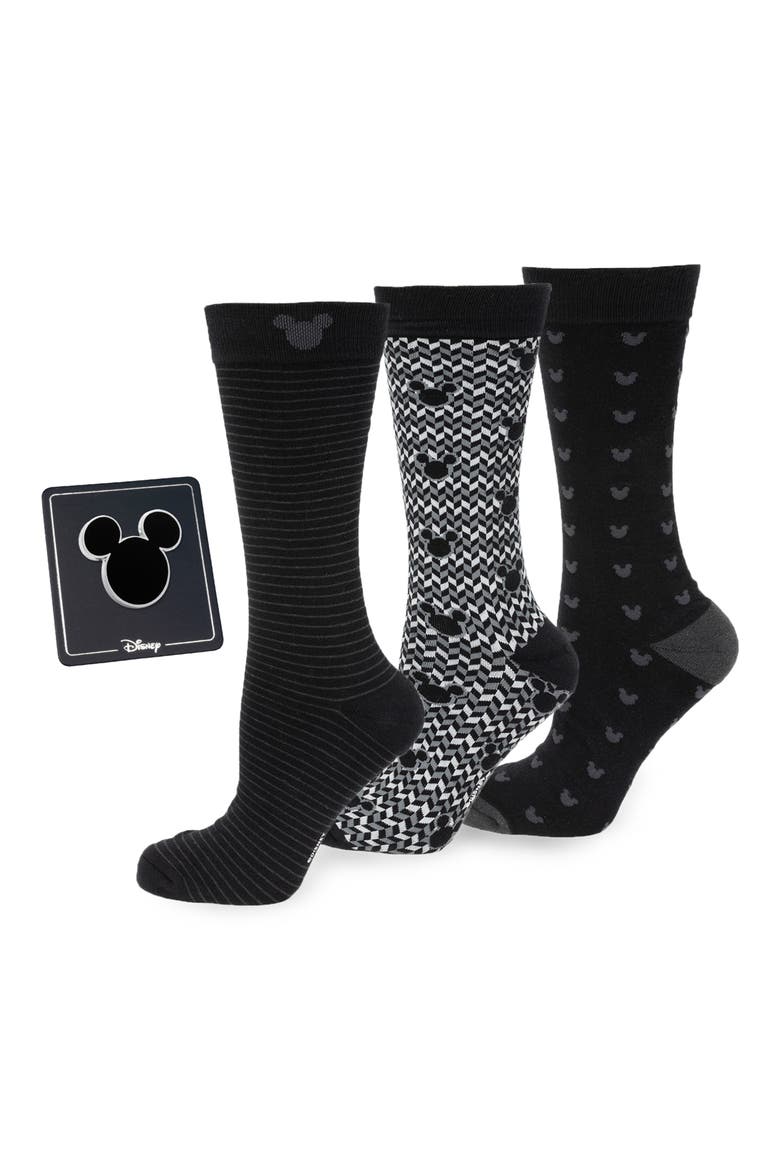 x Disney Mickey & Friends Assorted 3-Pack Cotton Blend Dress Socks & Lapel Pin Gift Box Set, Main, color, BLACK