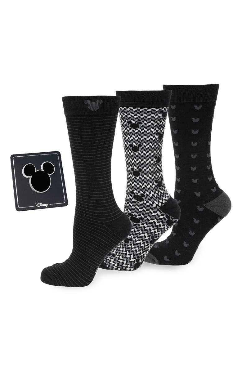 Cufflinks, Inc. x Disney Mickey & Friends Assorted 3-Pack Cotton Blend Dress Socks & Lapel Pin Gift Box Set, Main, color, Black