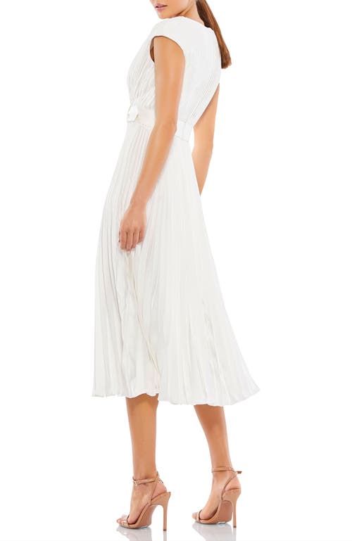 Mac Duggal Pleated Cap Sleeve Belted A-line Midi Dress In White